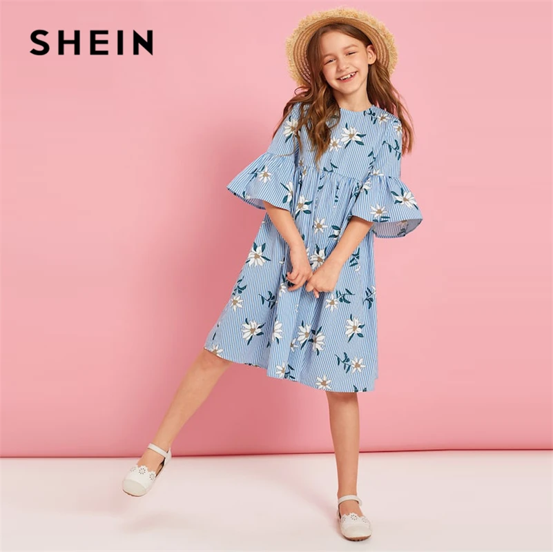 

SHEIN Kiddie Floral And Striped Ruffle Holiday Cute Girls Dress 2019 Summer Half Sleeve High Waist Boho Beach Tunic Dresses