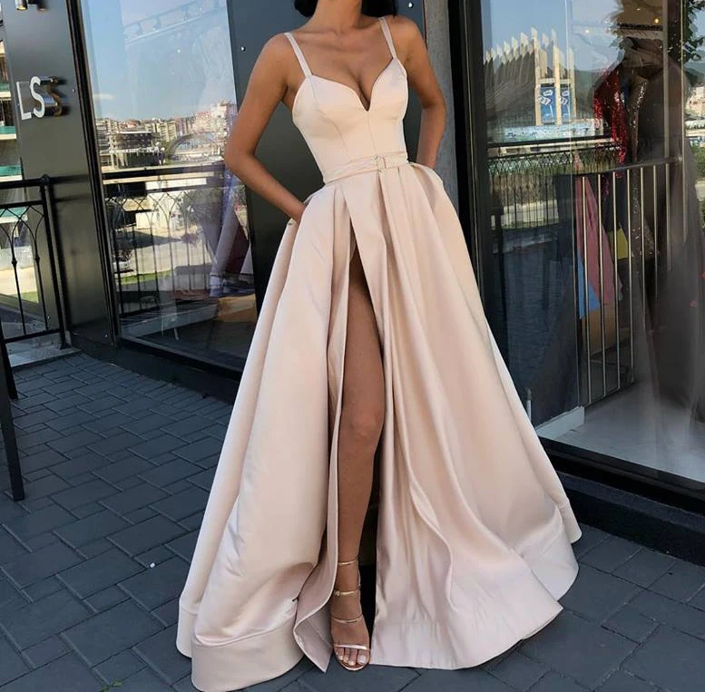 

Custom Made A LineEvening Dress with High Slit Satin Royal Blue Spaghetti Straps Sweetheart Long Evening Gown 2019
