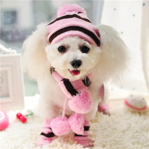 Winter Pet Puppy Accessories For Dogs Knitted Striped Hats Scarf