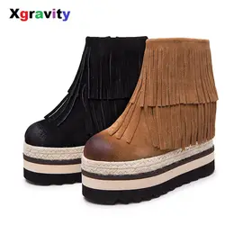Xgravity Европейской зимы теплая обувь Пояса из натуральной кожи круглый носок на высоком каблуке Осенняя обувь ботильоны с короткими