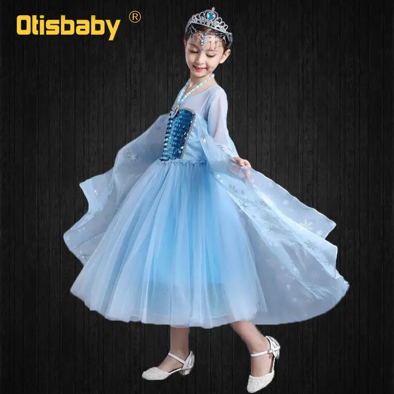 OTISBABY/костюм Эльзы для девочек; голубое платье Снежной Королевы; платье принцессы с длинным шлейфом для Хэллоуина, рождественской вечеринки; маскарадный костюм с блестками