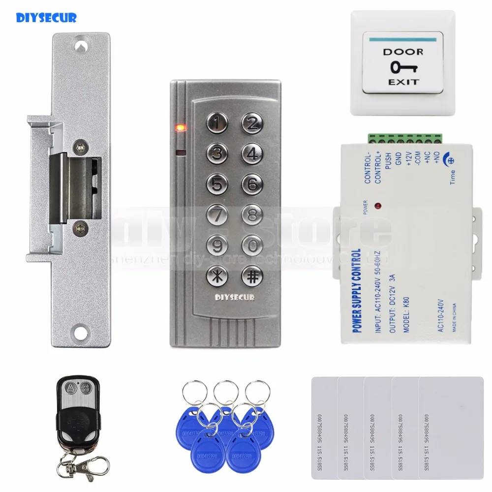 

DIYSECUR K4 DIY Remote Control 125KHz RFID EM Reader Door Access Control System Kit + Door Lock Electronic + Exit Button