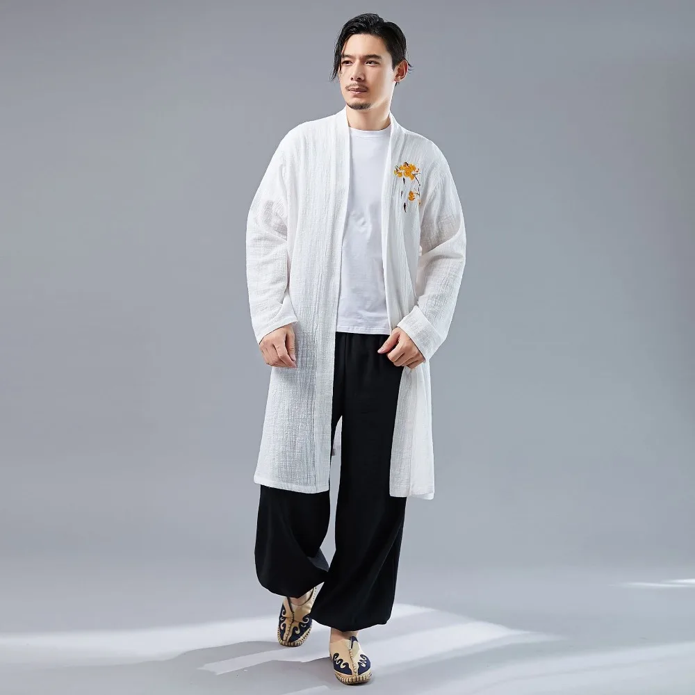 LZJN 2019 Casual Long Sleeve Shirt Summer Men's Vintage Embroidery Kimono Cardigan Cotton Linen Cloak Poncho Open Front Coat (8)
