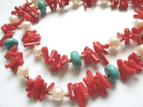 

06586 necklace red coral stick chip turquoise beads mixed pearls 20