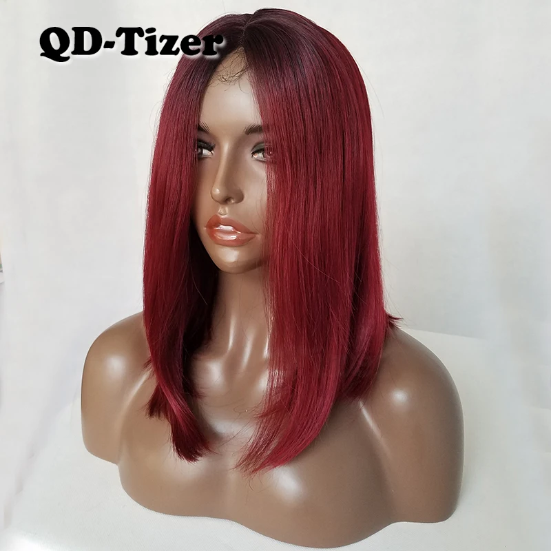 

QD-Tizer Short Burg Color Bob Hair Wigs Glueless Synthetic Lace Front Wig Ombre Two Tone Color Lace Front Wig for Women