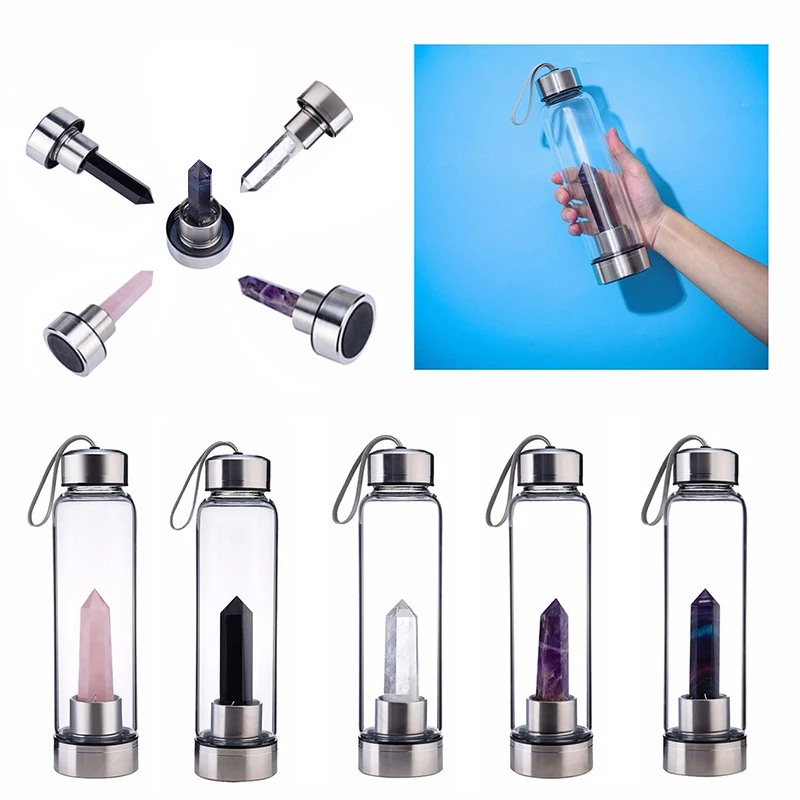 

2019 New Bottle Natural Crystal Point Healing Obelisk Wand Elixir Quartz Crystal Water Bottle Tools DA