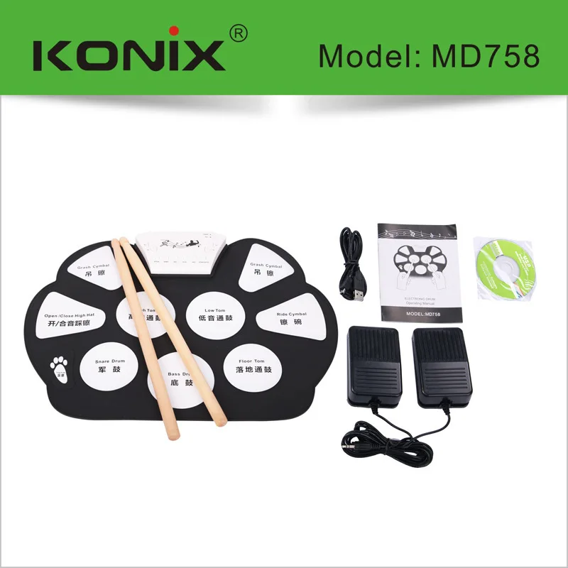 KONIX Складная Силиконовая электронная ролл-ап барабан MIDI с педалями барабанные палочки портативный