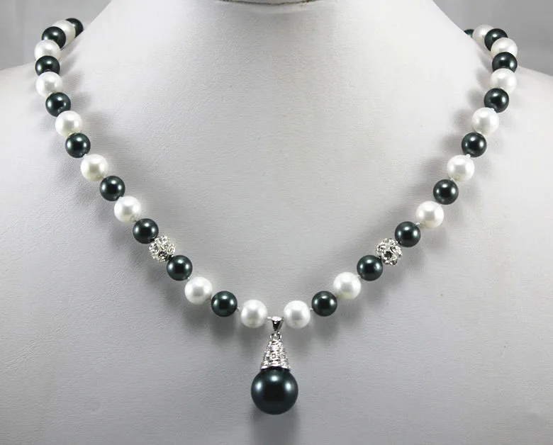 

perfect match design jewelry 8mm black&white shell pearl necklace and 12mm black shell pearl pendant 003 ##a #a