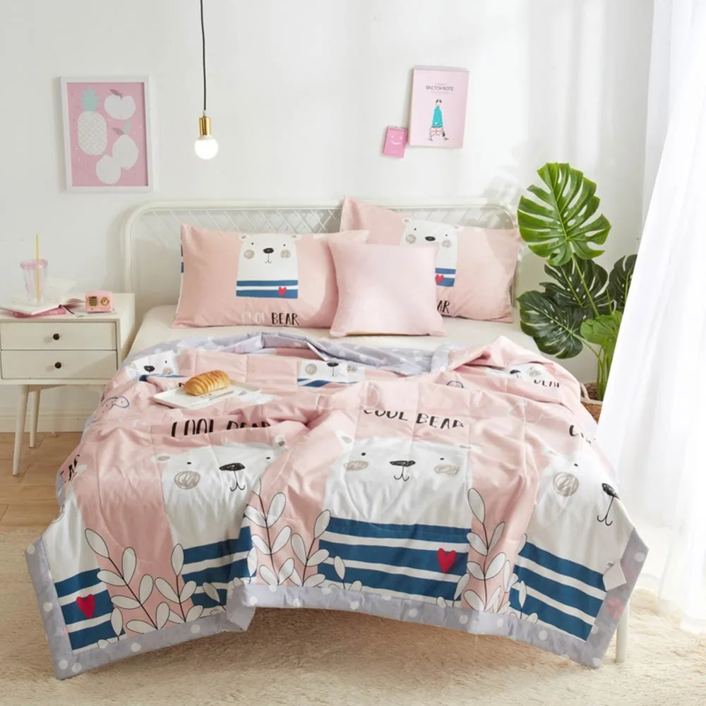 

2019 Cartoon White Bear Pink Quilt Cotton air-condition Quilted Thin Comforter Summer Throws Blanket Twin Full Queen Size