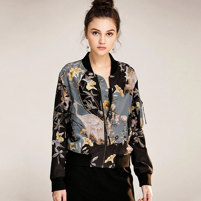 High Quality 100 Silk Jacket Women Lightweight Fabric Printed Long Sleeves Casual Bomber Coat