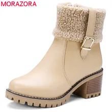 MORAZORA/ г., новая модная обувь женские зимние сапоги с круглым носком, простые ботильоны для женщин на платформе на молнии обувь на высоком каблуке