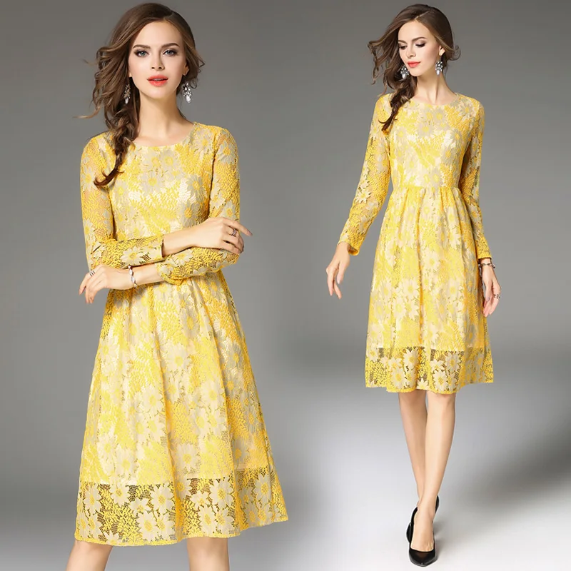 

2019 autumn new high-end retro hollow waist long lace crochet dress