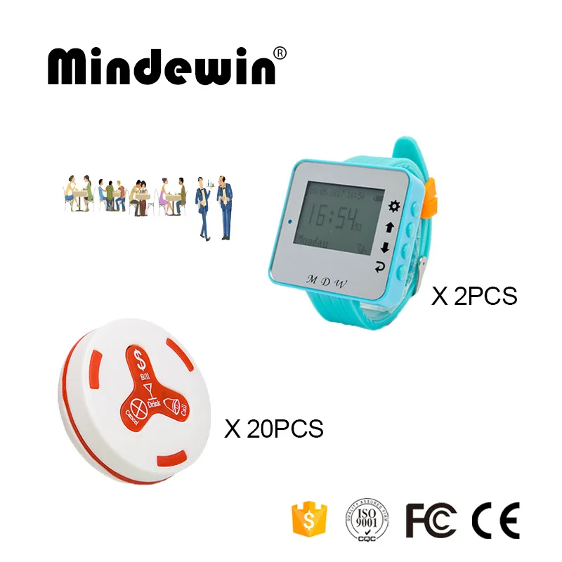 

Mindewin 2 шт. часы пейджер M-W-1 и 20 шт. столом кнопку вызова M-K-4 Беспроводной пейджинговой системы для ресторана или кафе магазин