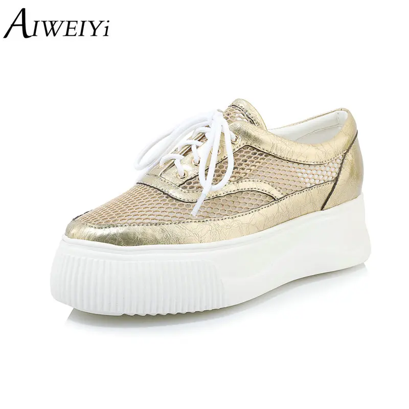 

AIWEIYi Fashion Women's Flat Shoes Genuine Leather Woman Shoes Gold Silver Lace Up Casual Loafers Soft Moccasins Girl Shoes