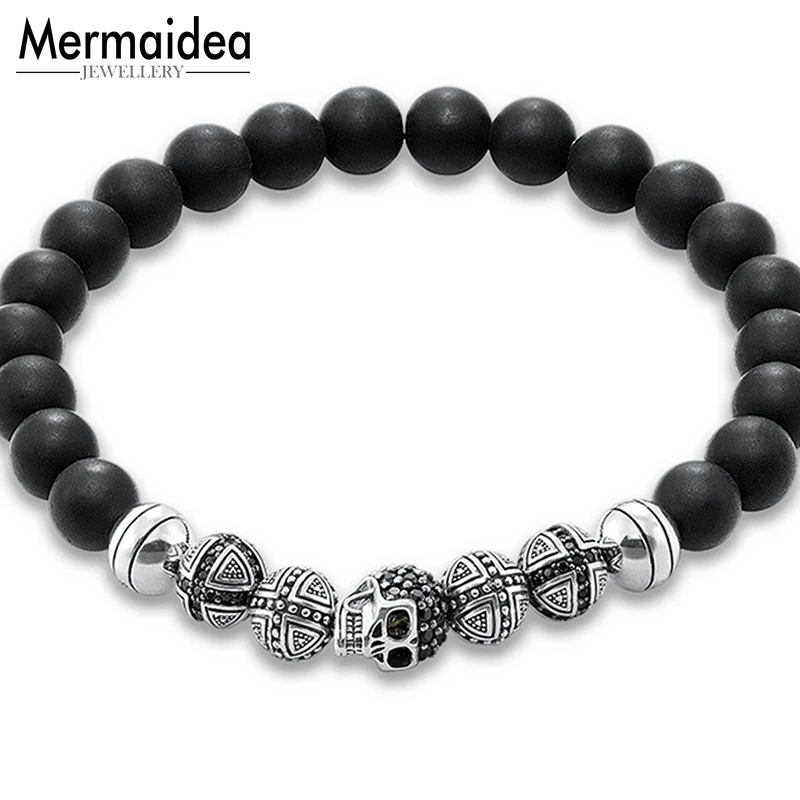 

Skull Cross Bead Bracelet Rebel Fashion Punk Jewelry For Men Women 2019 Beads Silver Obsidian Gift Heart