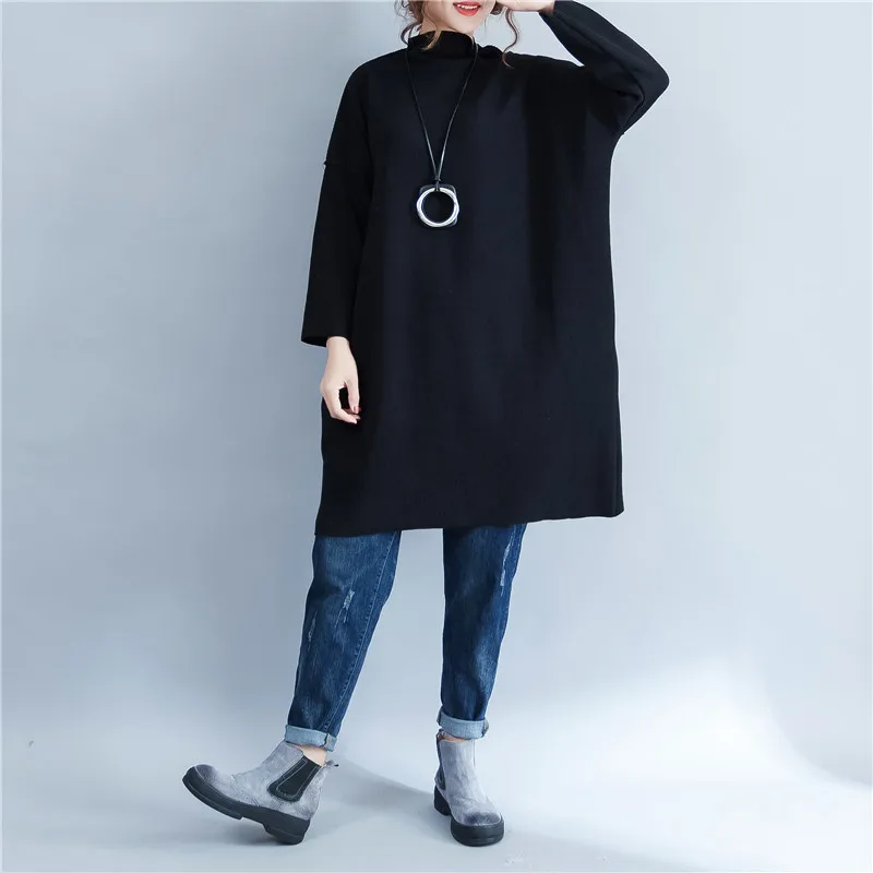 

Ladies Warm Cotton Stand Long Sleeves Loose Jumper Dress Ladies Fall Winter Lagenlook Tunic Dress Solid Color Pullover