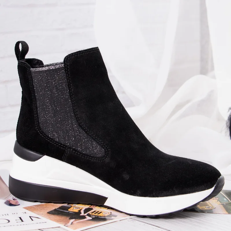 BELISS 2018 spring autumn ankle boots female cow suede leather platform comfortable women sneakers  ( (18)