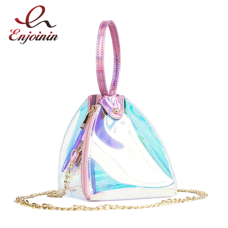 

Trend Triangle Design Laser Transparent Gradient Color Pvc Female Fashion Casual Totes Chain Purse Shoulder Bag Crossbody Flap