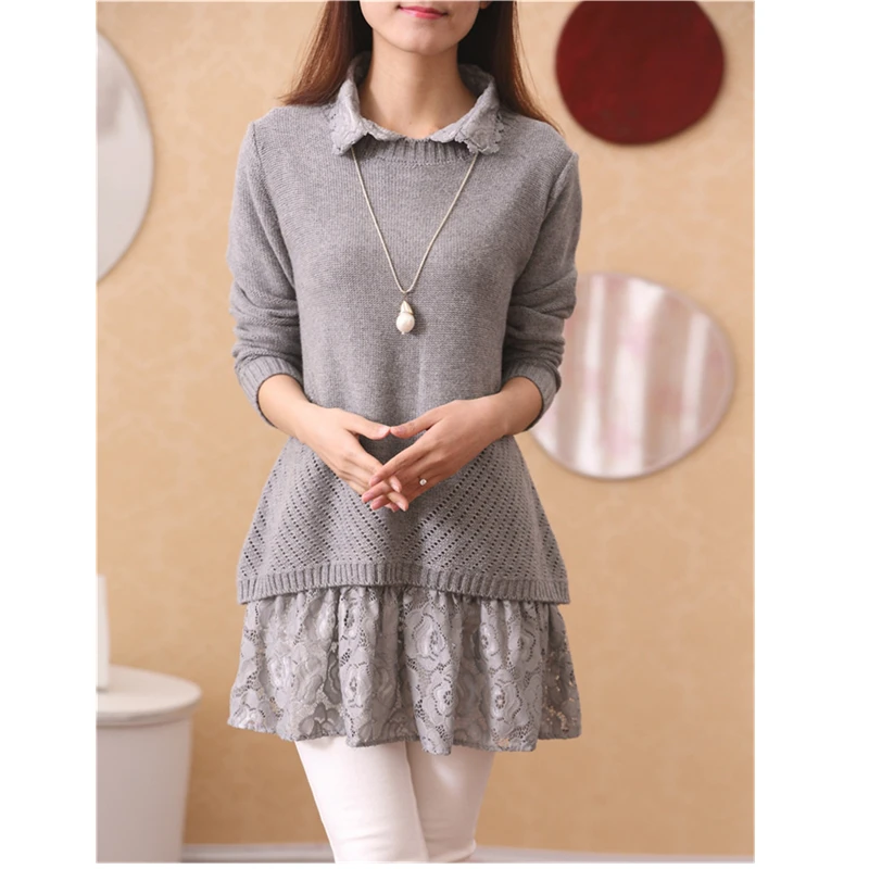 2018 Autumn/Winter New Long Loose Lace Pachwork Lapels Sweater Women Long Sleeves Knit M-3XL Female Jumper Bow Hollow Back