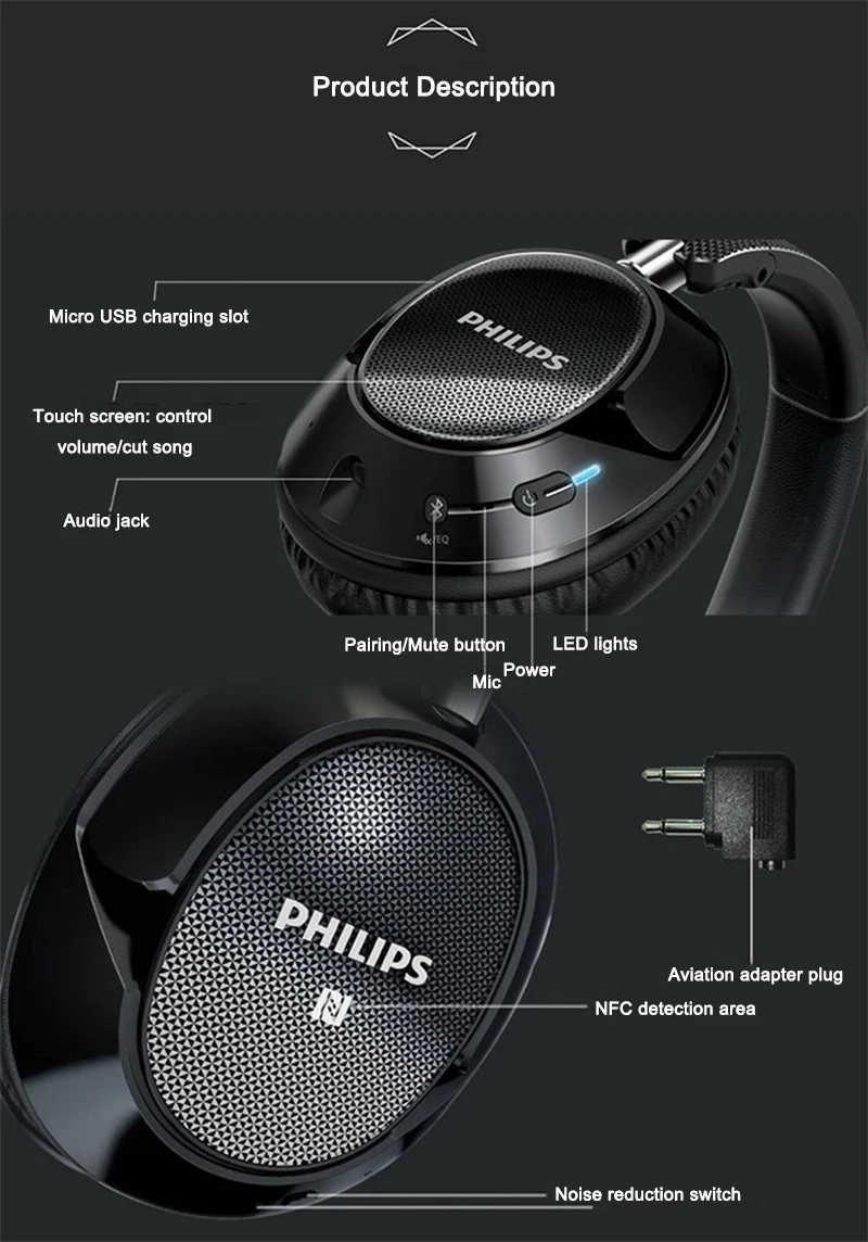 Philips SHB9850 NFC гарнитура с активным Шумоподавлением беспроводные Bluetooth наушники с микрофоном официальный