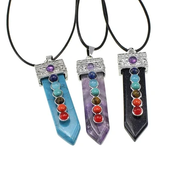

YYW Natural Stone Quartz Jewelry Leather Cord Choker Necklace Wholesale Pendulum Sword 7 Chakra Quartz Stone Pendant Necklaces