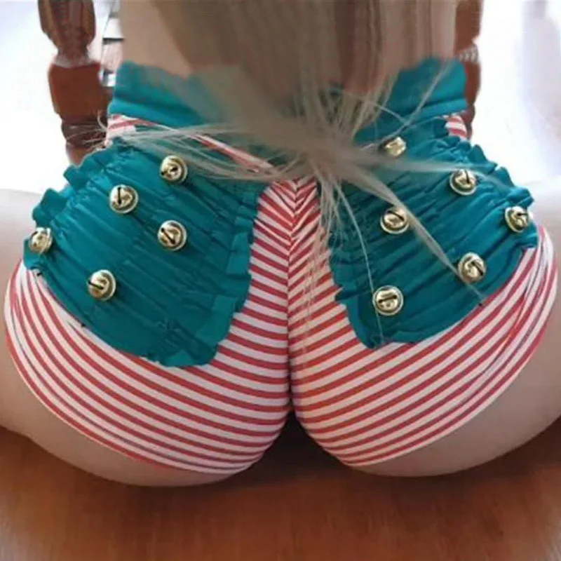 InstaHot пикантные Jingle Bell Push Up тренировки эластичные шорты для женщин в полоску сзади Ruched карман Спортивная треники обувь для девочек 2018 лидер