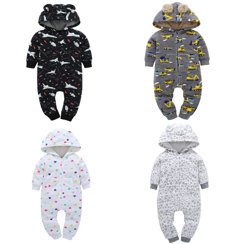 baby boy girl jumpsuit overalls autumn winter clothes long sleeve hooded fleece unisex new born baby costume cartoon rompers