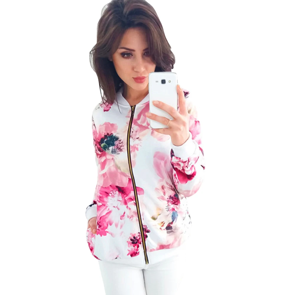 Flower Floral Print Baseball Jacket Bomber Jacket Women Basic Coats Long Sleeve Top Streetwear Zipper Casual Outwear Autumn 2019