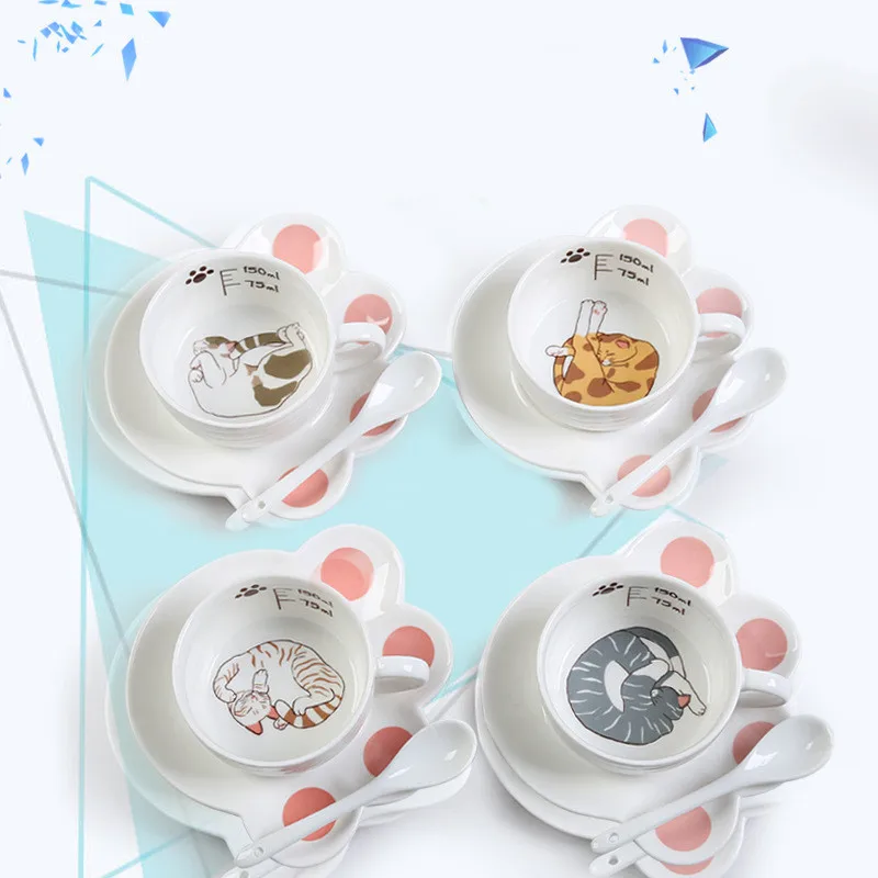 

Lovely Cartoon Cat 150ml Coffee Mug Set Breakfast Mug Ceramic Mug W/ Cat Claw Shape Tray and A Spoon