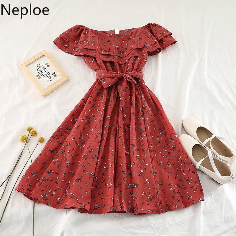 

Neploe Korean Newest Ruffle Dress Women Slash Neck Boho Chiffon Bandage Dresses Vintage Floral Dot Print Ladies Mini Vestidos
