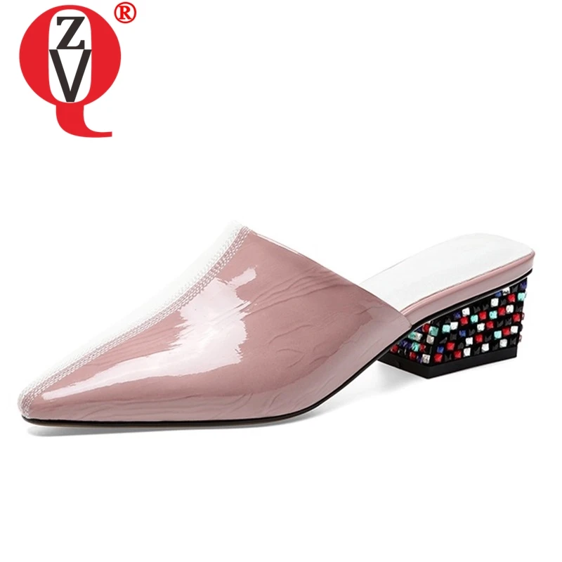 

ZVQ shoes woman 2019 summer new fashion sexy mixed colors genuine leather woman slippers outside med square heels crystal shoes
