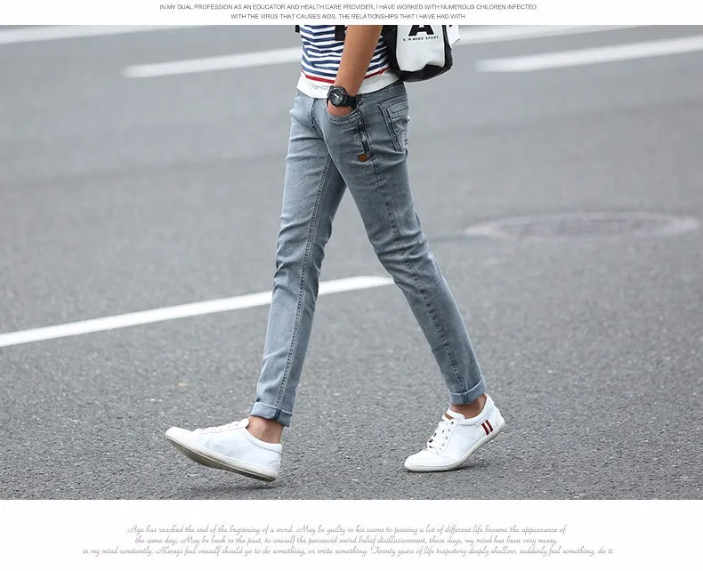 New Korean Style Men Jeans Grey Slim Skinny Man Biker Jeans with Zippers Designer Stretch Fashion