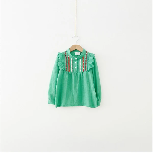 Новинка года; стильная Осенняя рубашка с длинными рукавами для маленьких девочек; топы с вышивкой и рюшами; футболки; одежда; От 1 до 6 лет - Цвет: Зеленый