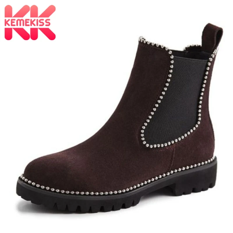 

KemeKiss Women' Fur Ankle Boots Real Leather Winter Shoes Women Keep Warm Fashion String Bead Flats Short Boots Size 34-39