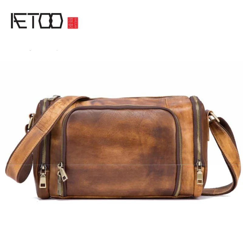 

AETOO New leather men's shoulder bag retro rub color men's bag top layer leather cylinder bag Messenger bag
