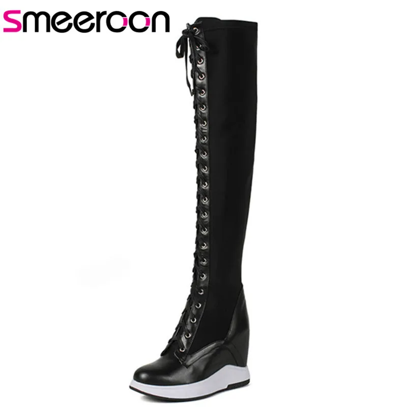 

Smeeroon 2018 top quality genuine leather women's boots round toe autumn winter thigh high over the knee boots fashion shoes