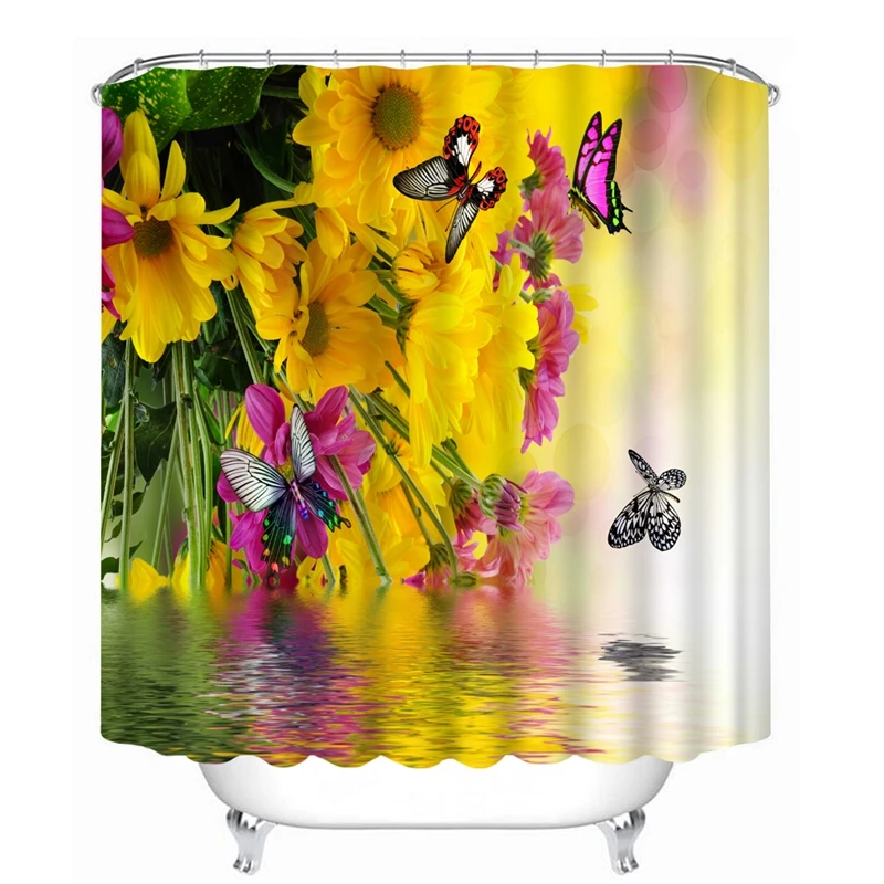

3D Flower and Butterfly Pattern Shower Curtains Beautiful Nature Bathroom Curtain Waterproof Thickened Bath Curtain Customizable