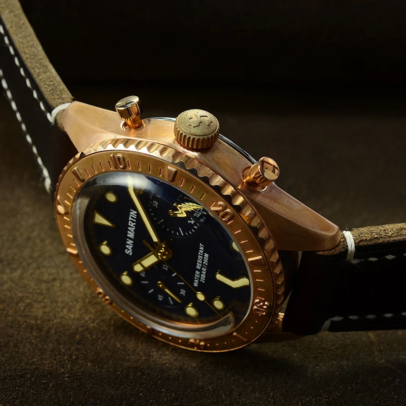 Часы San Martin Sixty Five бронзовые автоматические часы для дайвинга ETA7753 с хронографом 200