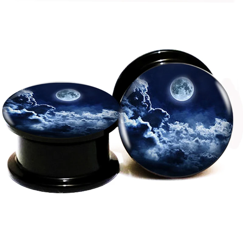 2pcs/Lot Black Acrylic Moon And Clock Ear Plugs Screw Fit Ear Gauges