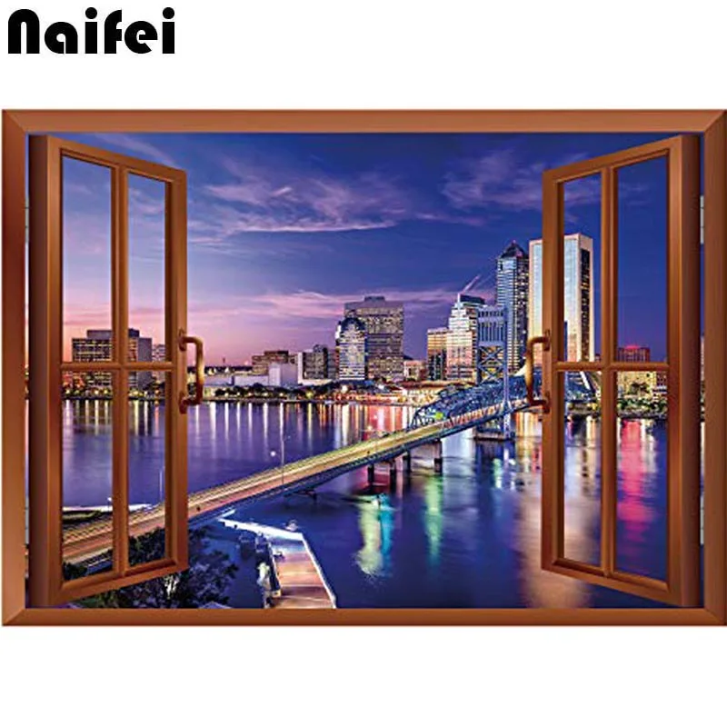 Full Square/Round Drill 5D DIY Diamond Painting &quotWindow city night bridge landscape&quot Embroidery Cross Stitch Home Decor Gif | Дом и