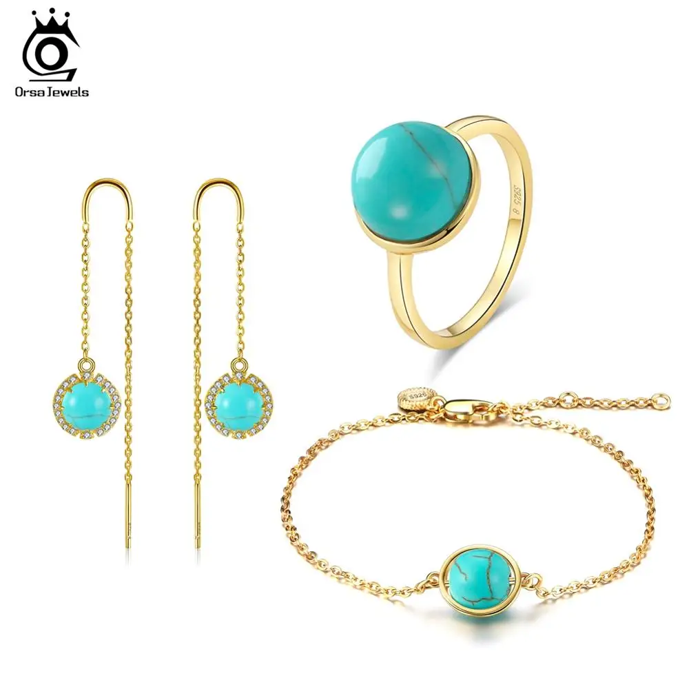 

ORSA JEWLES Natural Stone Turquoise Earrings Ring Bracelet Set Blue Crystal Drop Earrings Round Wedding Jewelry Set SS26