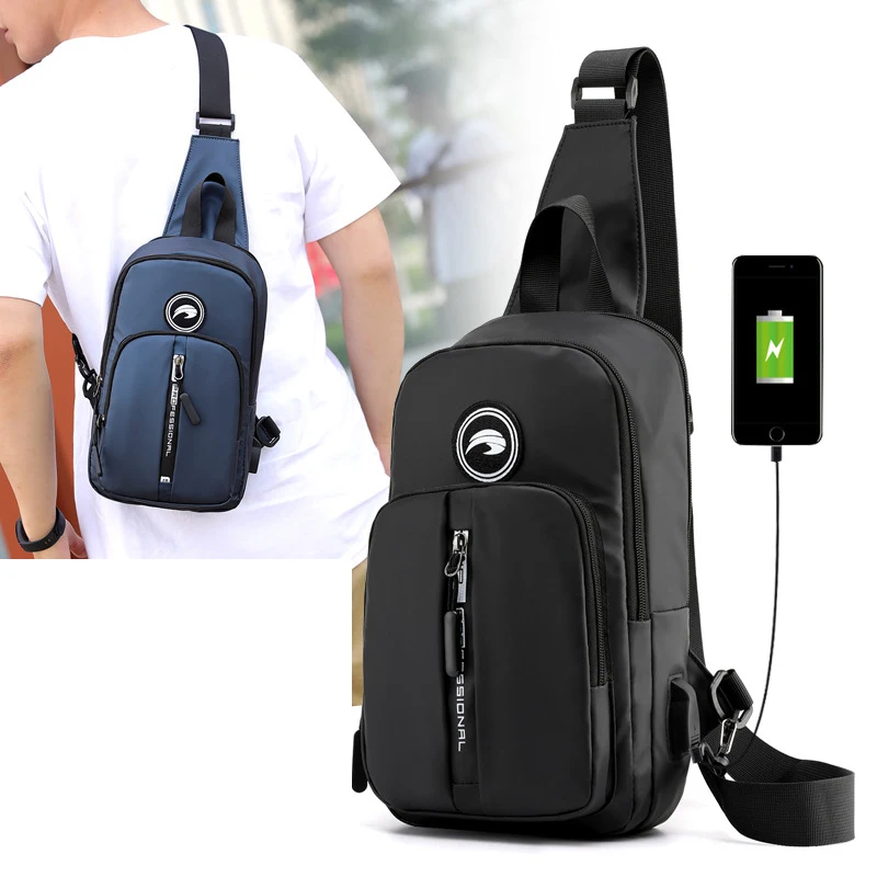

New Male Fashion Trends Nylon Chest Bags USB Charging Casual Military Cross Body One Shoulder Backpack Men Rucksack Sling Bag