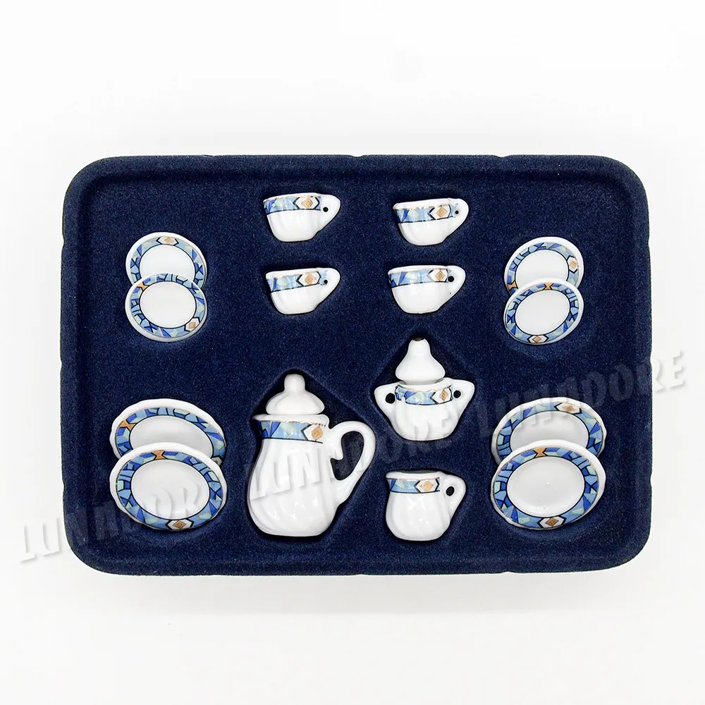Odoria 1:12, миниатюрный набор фарфоровых чайных чашек, 15 шт., средиземноморский синий с золотой отделкой, посуда для кукол, кухонные принадлежности