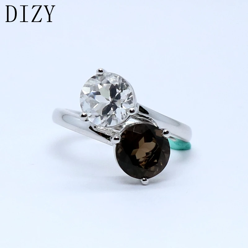 DIZY 2 Stones Ring Smoky Quartz and Rock Crystal Round 8.0mm 925 Sterling Silver Gemstone Ring for Girl Gift Engagement Jewelry