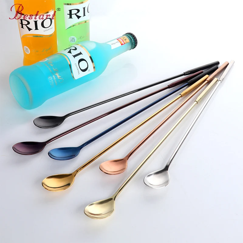 7pcs/lot colorful Stainless Steel cocktail spoons with long handle Gold