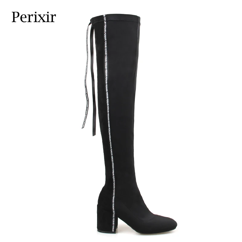 

Perixir Women Over Knee Boots Flock Lycra High Boots Black Solid High Heel 7 CM Solid Square Heel Slip-on Knee Sexy Boots
