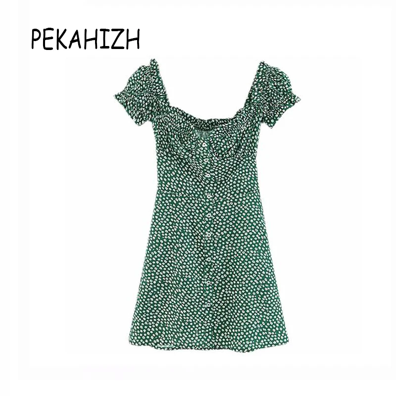 

Vintage boho mini beach dress elegant ruffle green floral beach dress women bohemian dress short sleeve elegant vestidos 2019