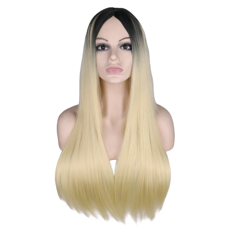 

QQXCAIW Long Straight Wig For Women Black To Blonde Ombre Hair with Middle Part Heat Resistant Synthetic Hair Wigs