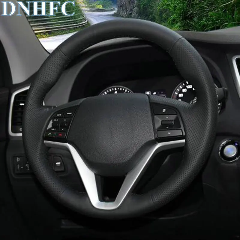DNHFC Black Leather Hand stitched Car Steering Wheel Cover for Hyundai