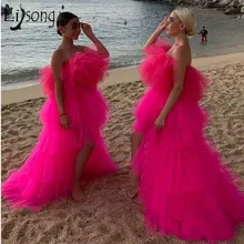 Шикарный ярко-розовый очень пышная Балетная пачка платья для выпускного вечера Высокая Низкая женская блуза с послойным расположением ткани, оборочками и v-образным вырезом длинное платье для выпускного африканские вечерние платья